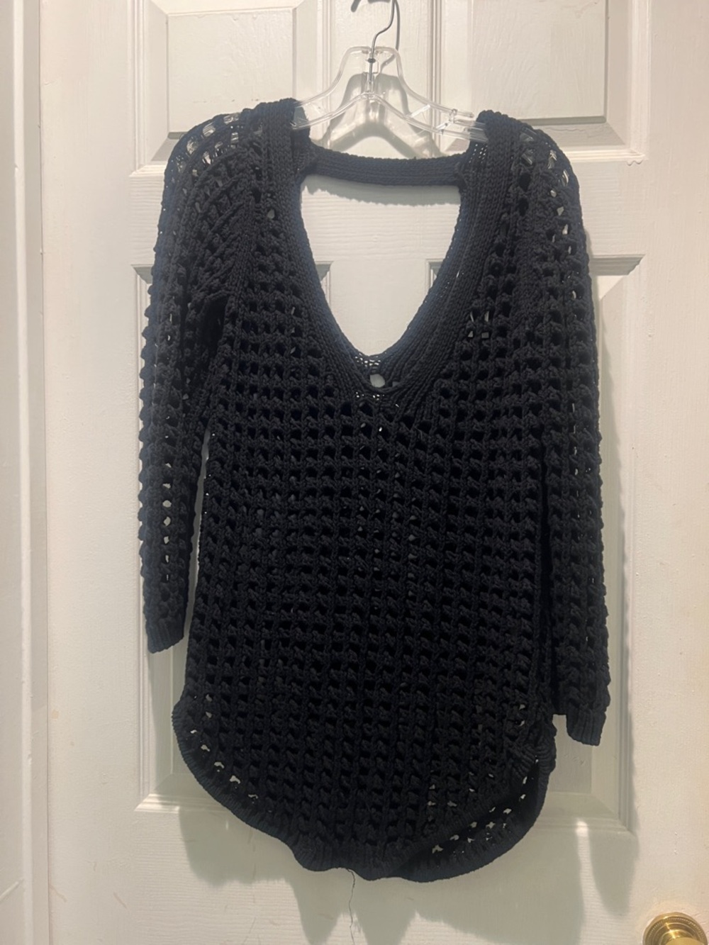 Anthropologie Black Open Crochet V-Neck Sweater